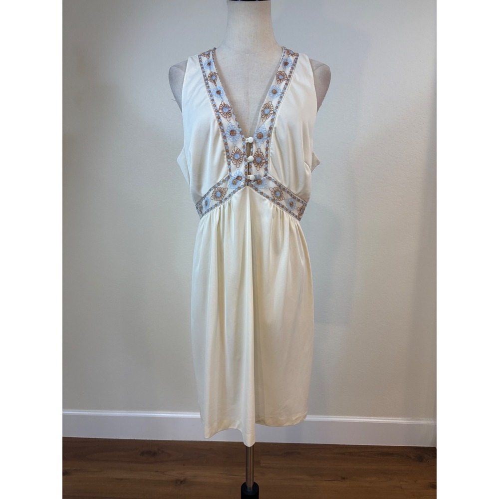 Vtg 70s Formfit Rogers Slip Dress L Ivory Floral Embroidered Boho Lingerie